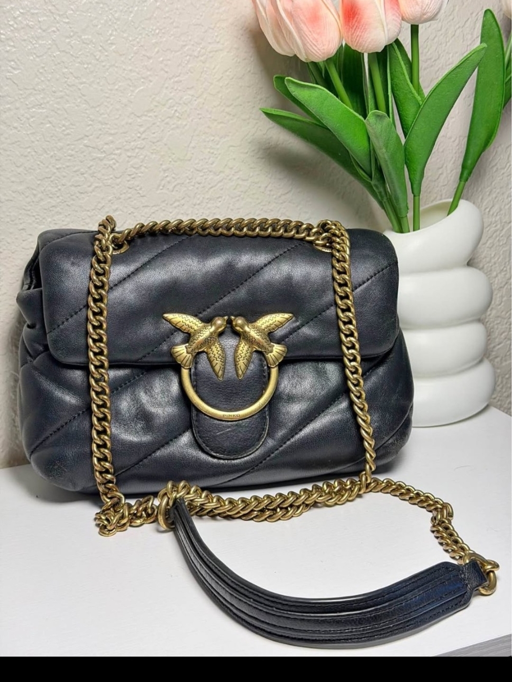 Pinko Mini Love Bag PUFF..Black Quilted Leather Shoulder Bag with Gold Bird Ring